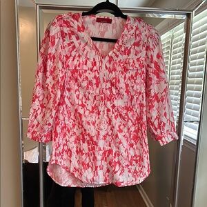 Saks Fifth Avenue Red Pink and White Smocked Polo Blouse 3/4 Sleeve